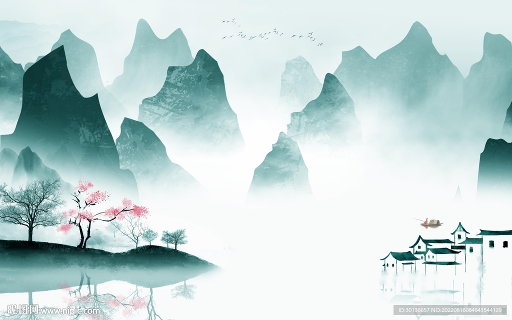 新款意境山水墙画 Tif分层