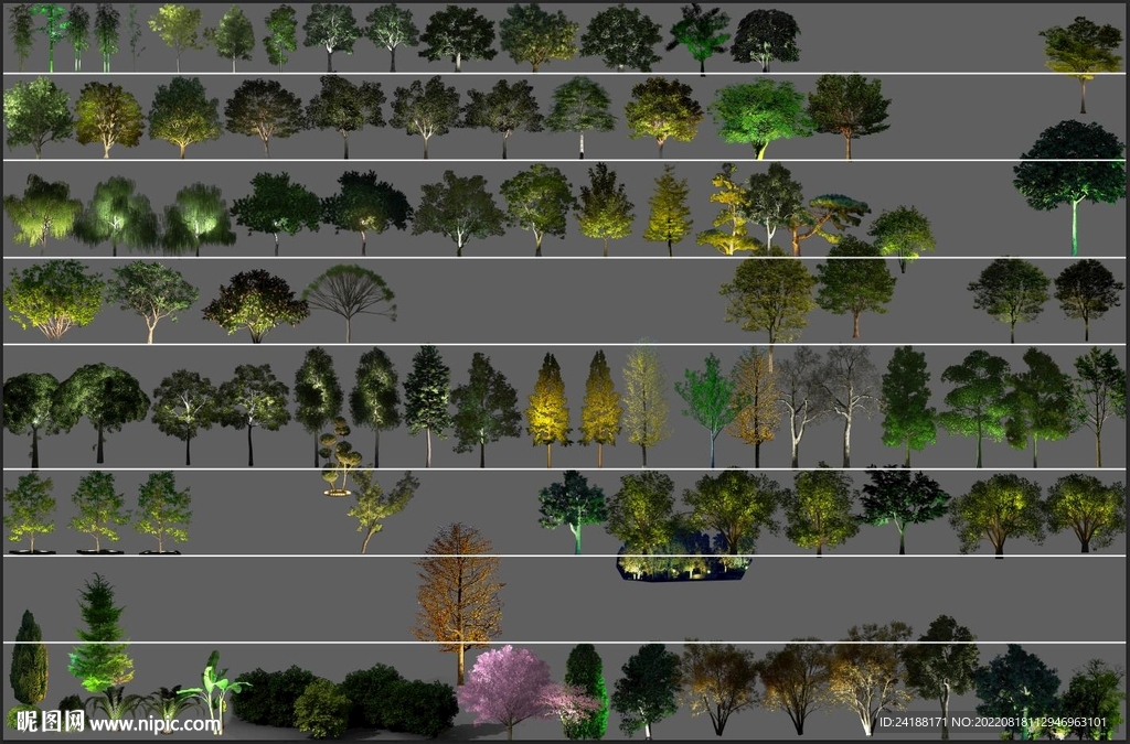 亮化夜景树齐全的分层素材PSD