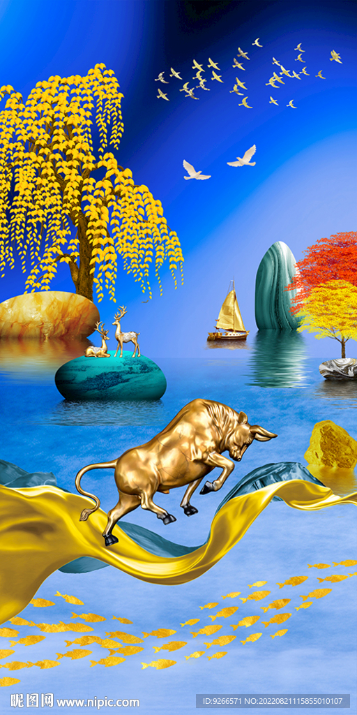 新中式九鱼图年年有鱼晶瓷画玄关