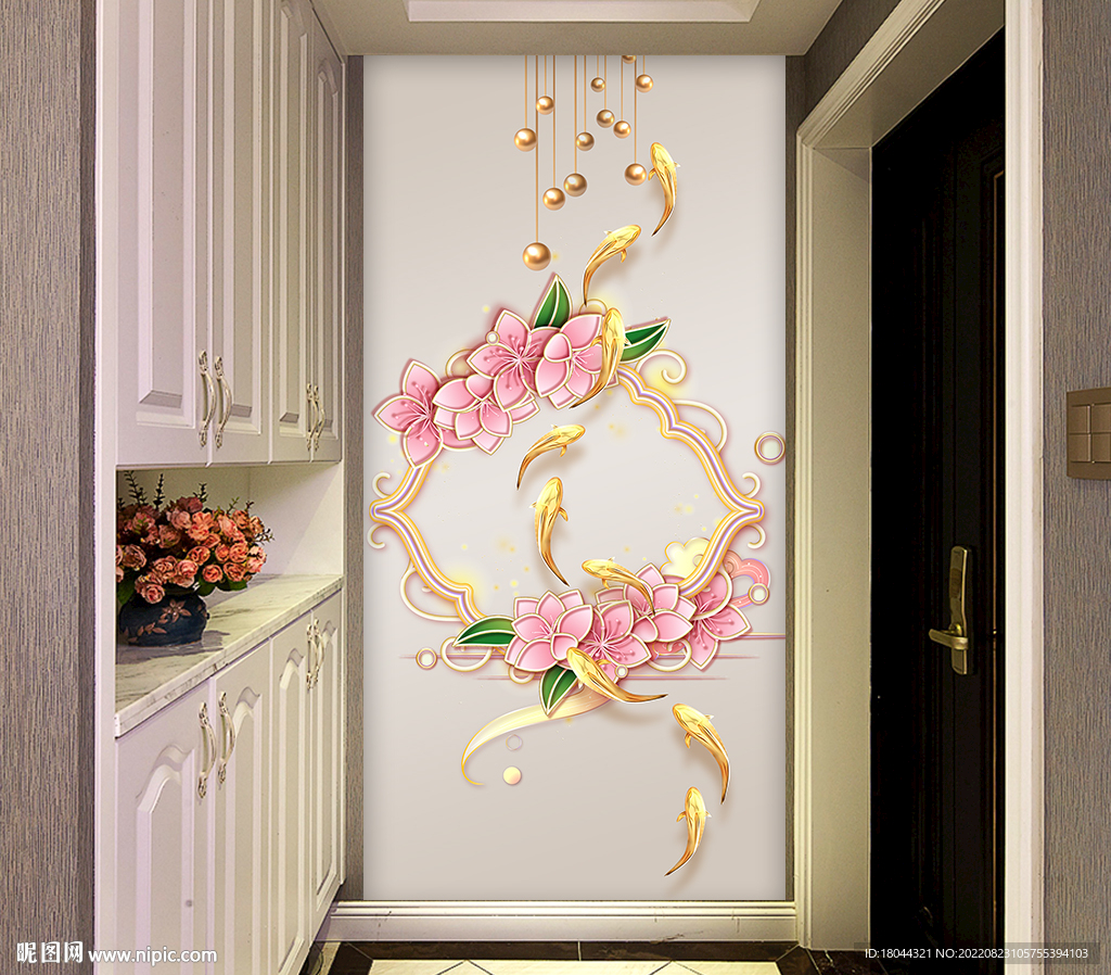 粉色桃花九鱼图玄关装饰画