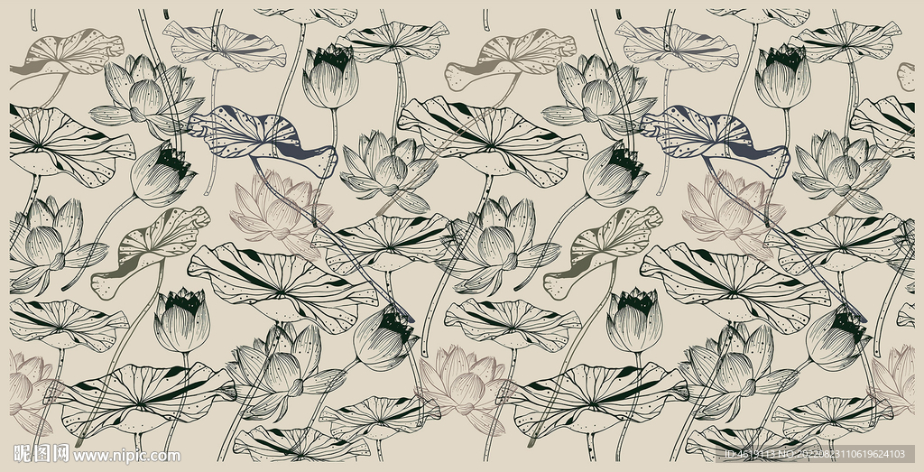 手绘荷花和叶子线条无缝图案