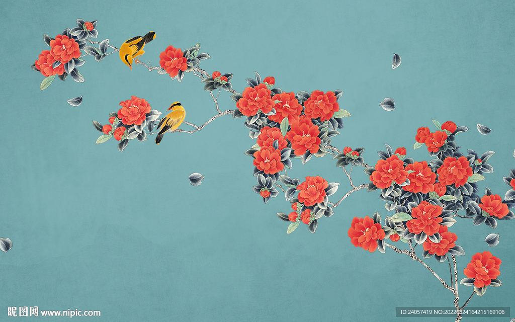 新中式花鸟手绘牡丹背景墙装饰画