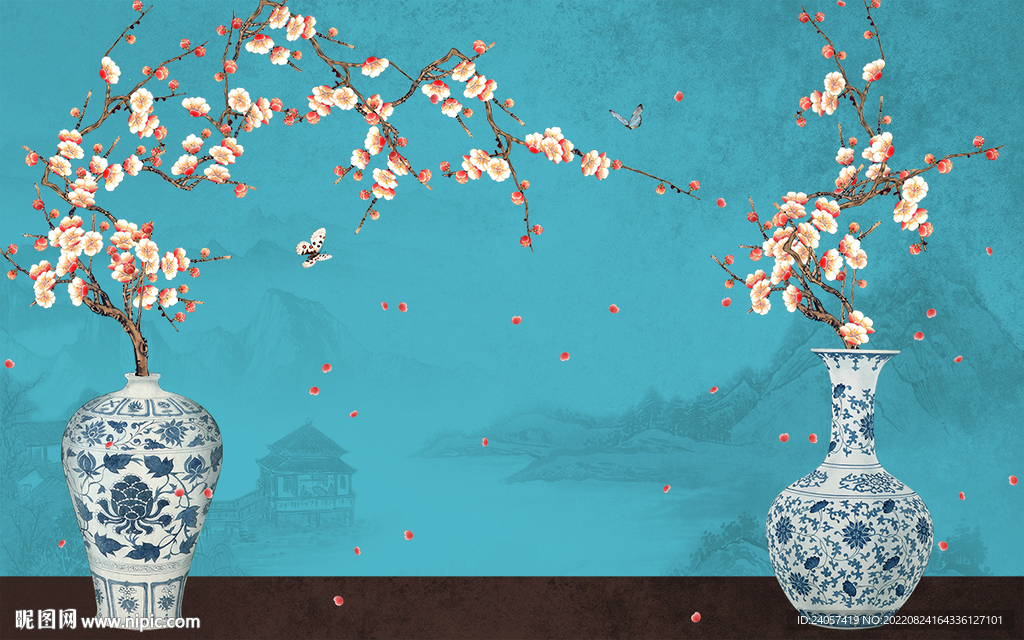 新中式花瓶工笔梅花山水背景墙