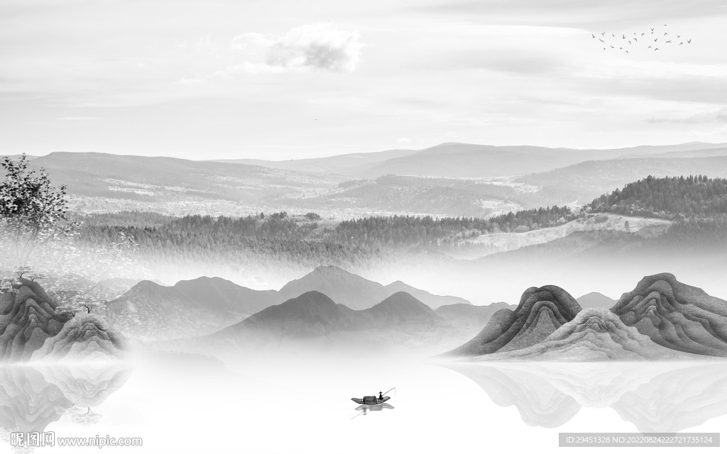 背景墙客厅灰山水画 Tif分层