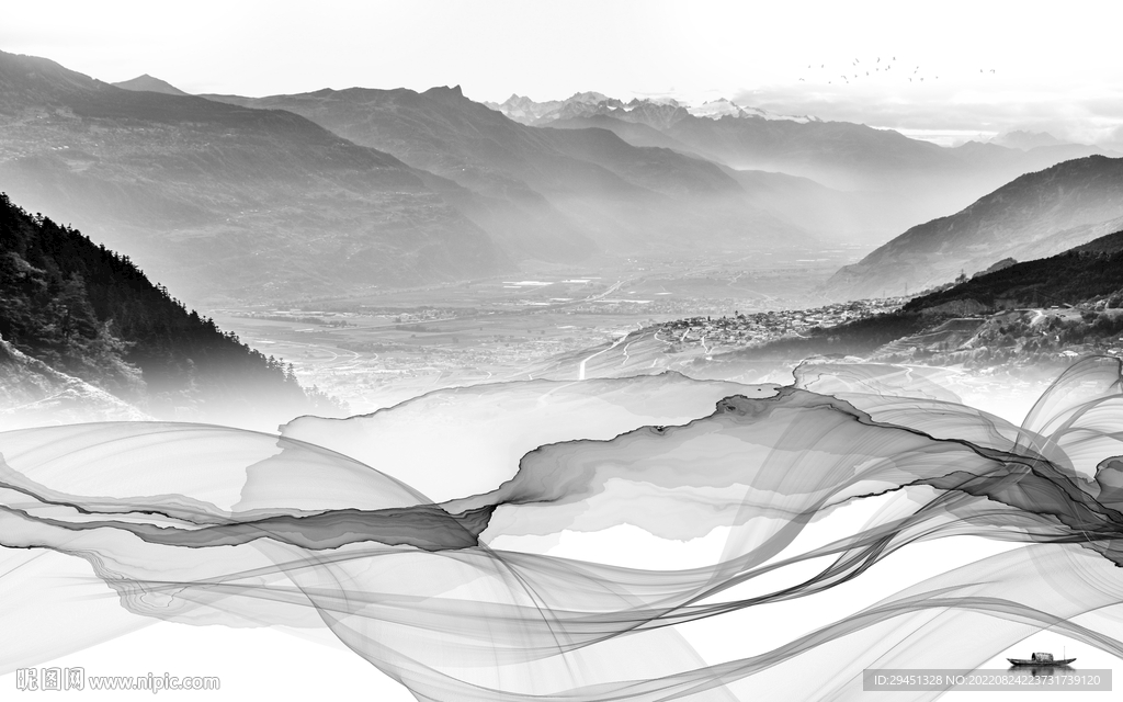 电视客厅灰山水画 Tif分层