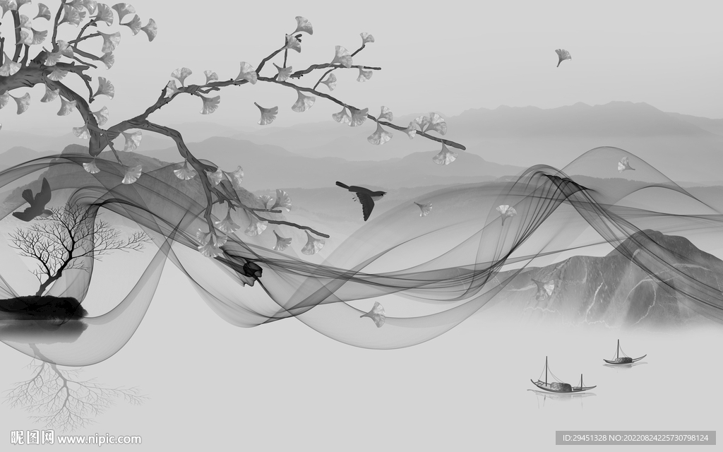 高雅客厅灰山水画 Tif分层
