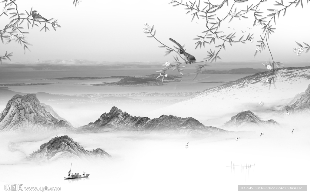 花鸟客厅灰山水画 Tif分层