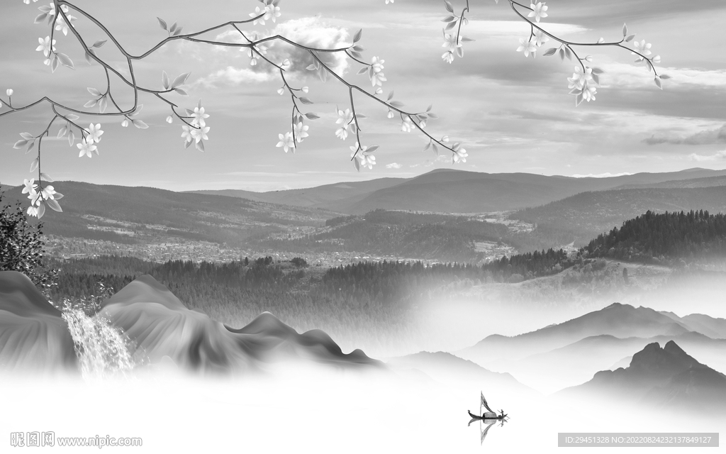 中国风客厅灰山水画 Tif分层