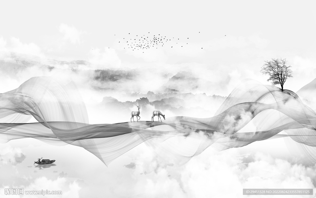 线条客厅灰山水画 Tif分层