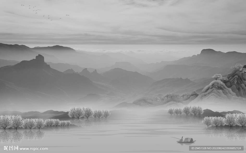 新中式客厅灰山水画 Tif分层