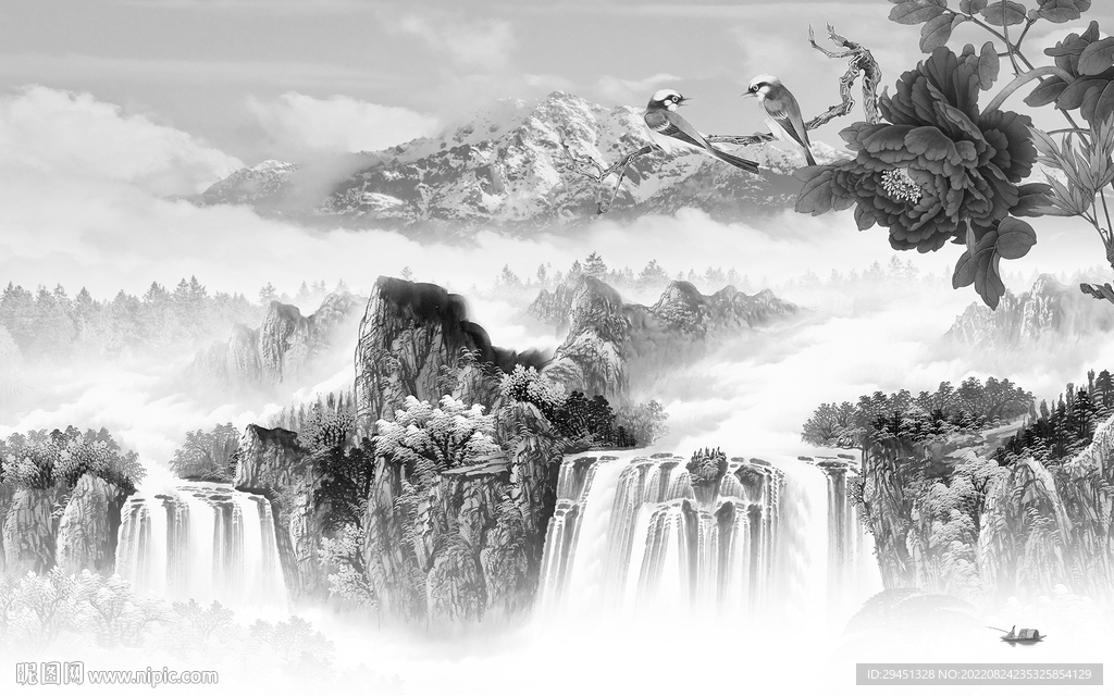 国画客厅灰山水画 Tif分层