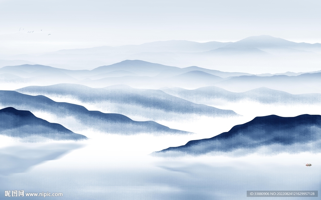 蓝色中式客厅山水 Tif分层