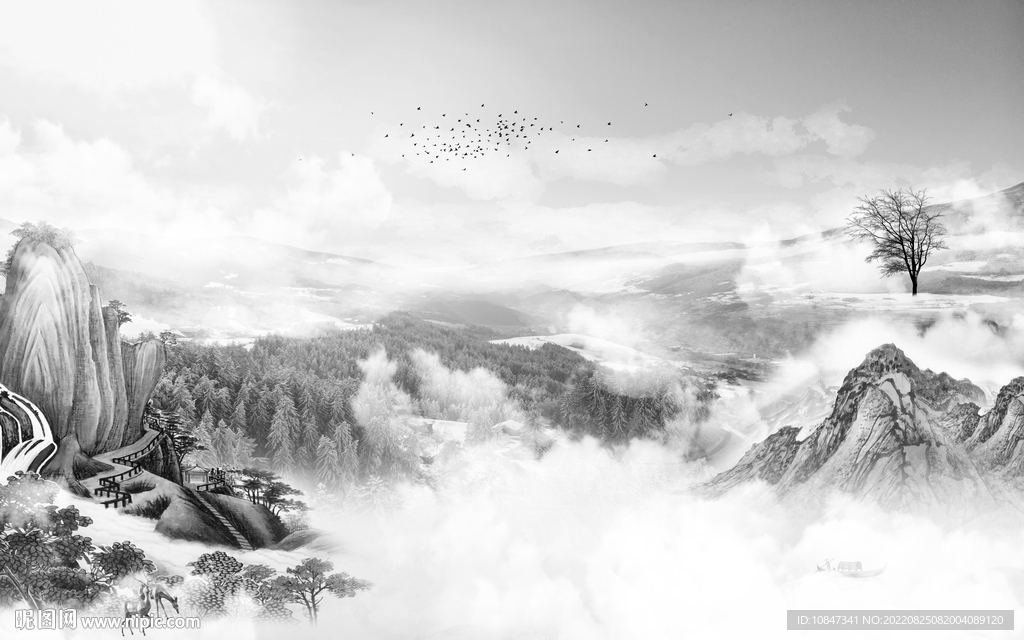 背景墙灰色山水墙画 TIf分层