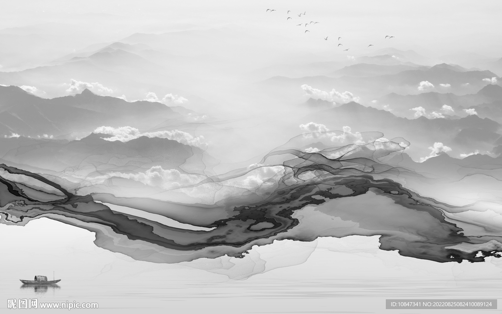 别墅灰色山水墙画 TIf分层