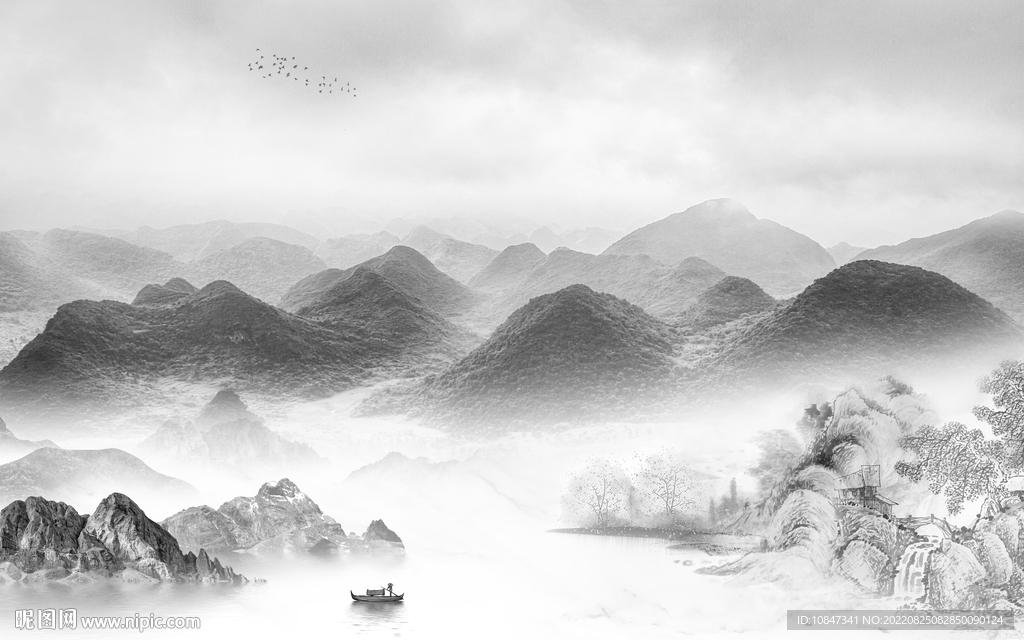 最新灰色山水墙画 TIf分层