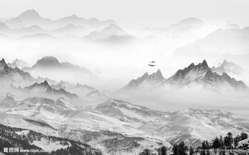 高清灰色山水墙画 TIf分层