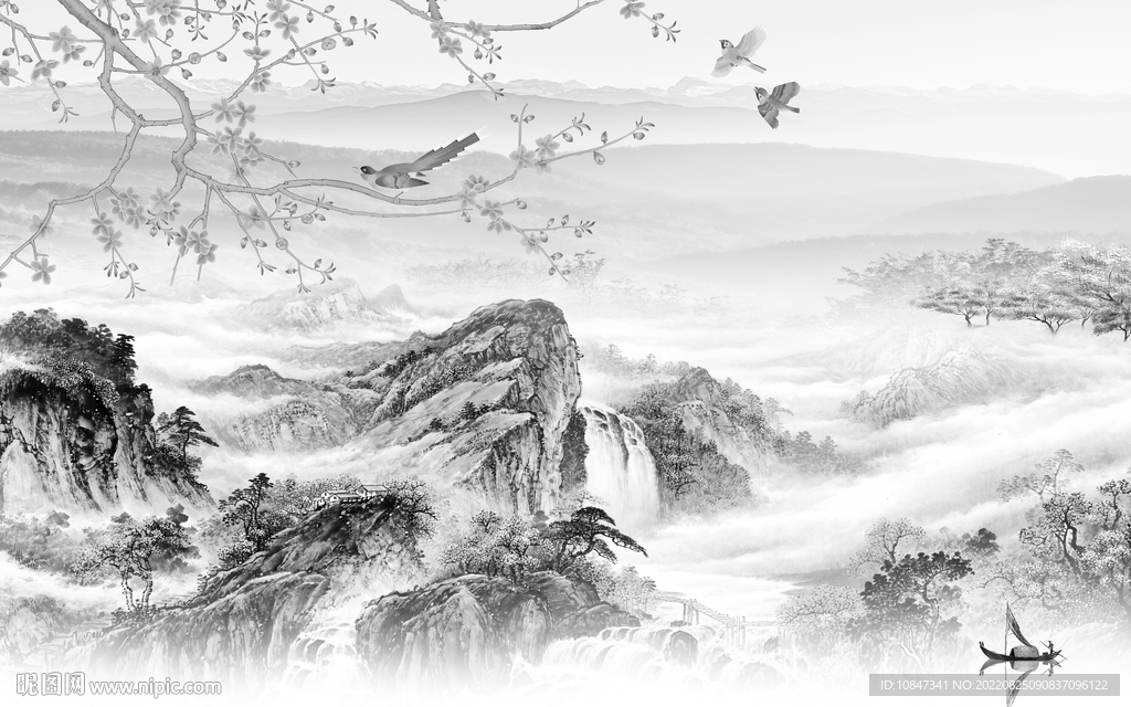 中式 灰色山水墙画 TIf分层