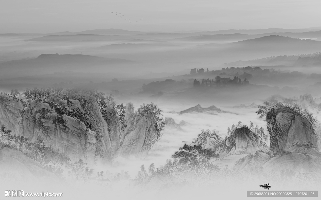 简约灰色山水新画 Tif分层