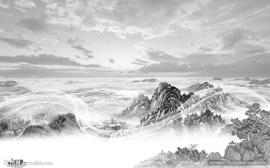 灰色中式风山水画 Tif分层
