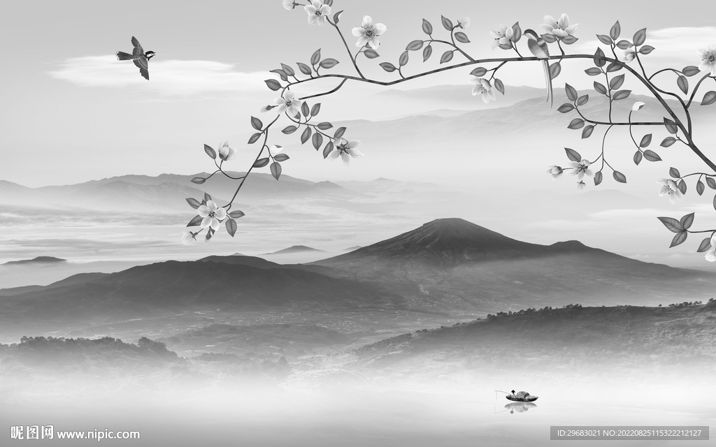 花鸟中式风山水画 Tif分层