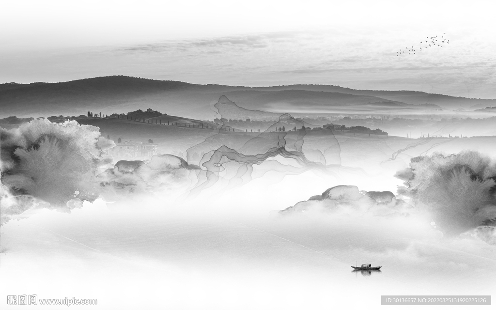 灰色人气中式山水 Tif分层