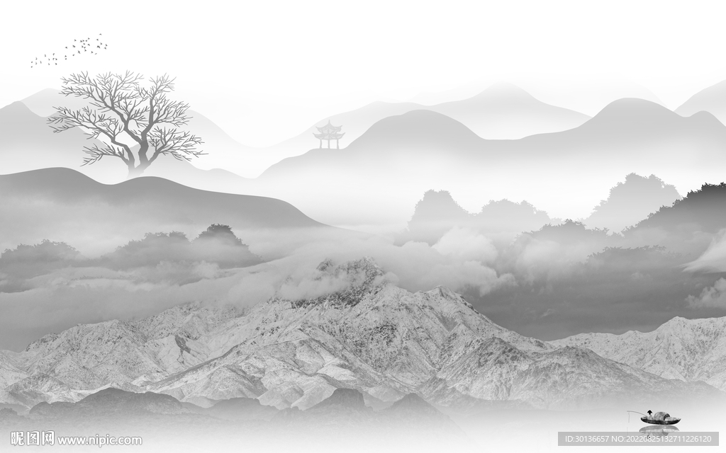 客厅灰色中式山水 Tif分层