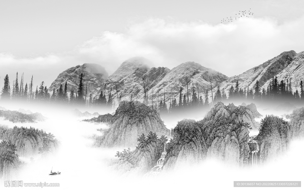 别墅灰色中式山水 Tif分层