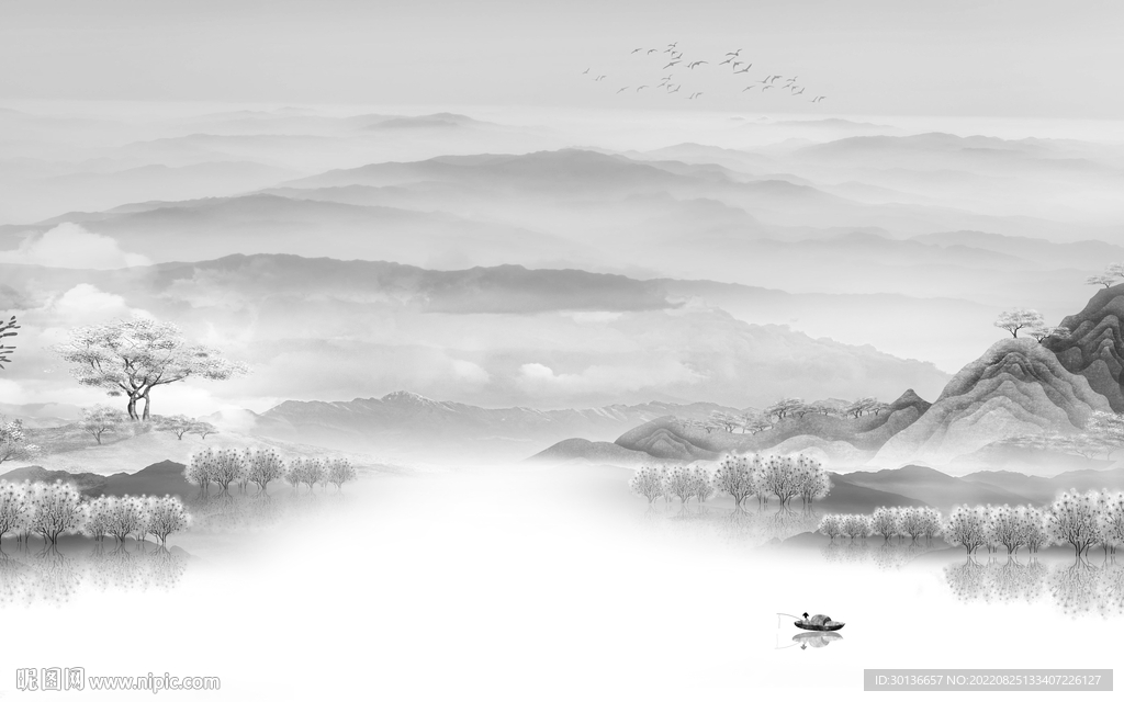 爆款 灰色中式山水 Tif分层