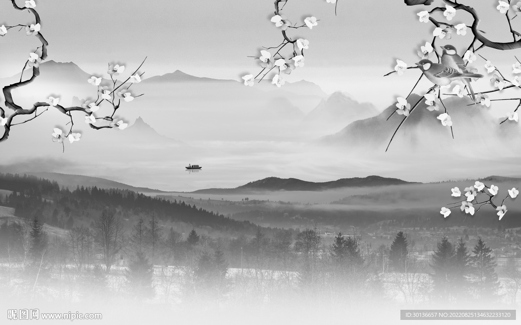 现代灰色中式山水 Tif分层