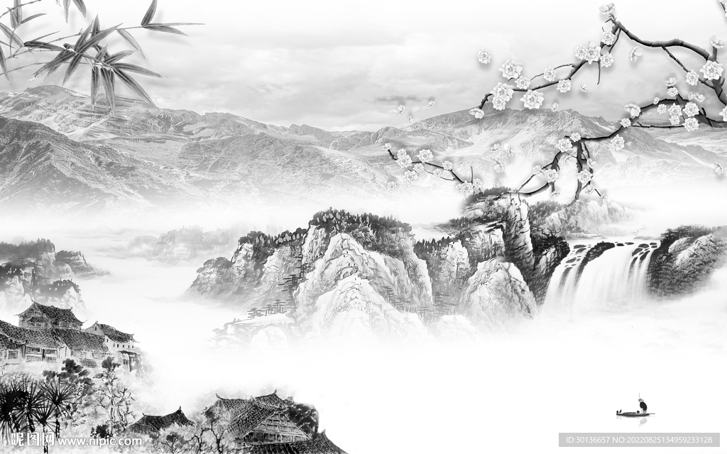 中国风灰色中式山水 Tif分层