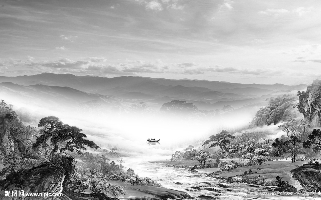 高档灰色中式山水 Tif分层