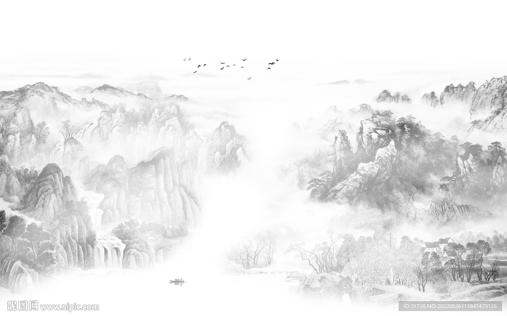 别墅 背景中式山水 tif分层