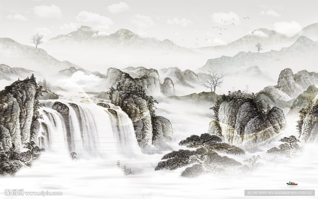 新中式最新墙画山水 TIf分层