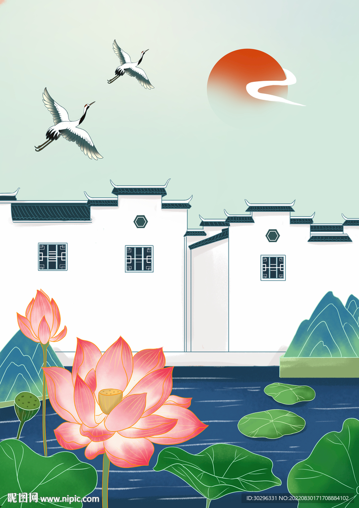 徽州建筑手绘风景插画