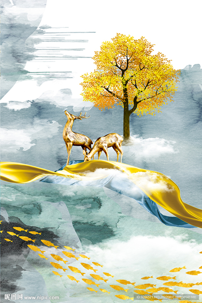 石来运转轻奢麋鹿抽象线条装饰画