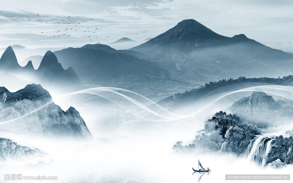 高清 简约中式山水 tif分层