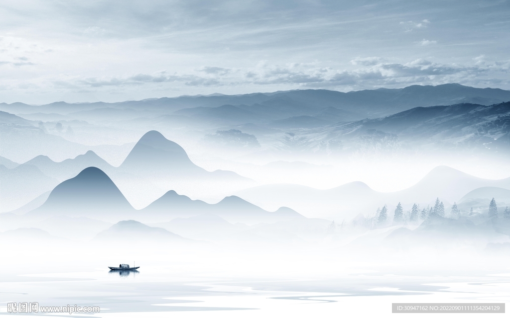 蓝色最新山水墙画 tIf分层