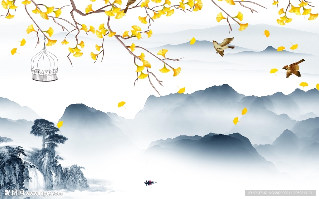 花鸟最新山水墙画 tIf分层