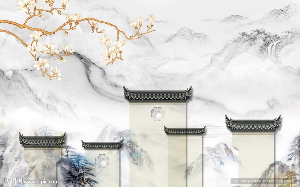 中式新品山水背景 TIf分层