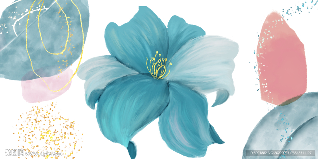 轻奢装饰画 蓝色花朵 三联画