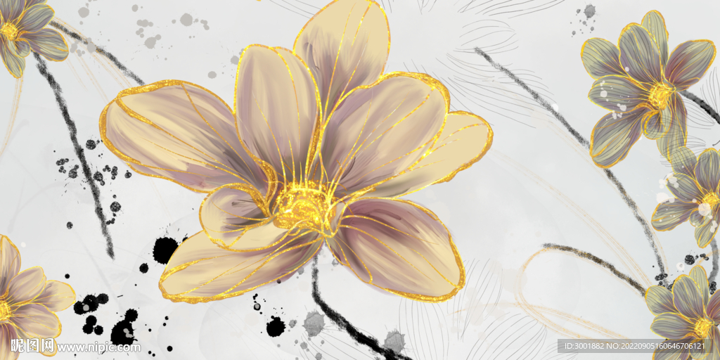 轻奢装饰画 三联画 黄色花朵