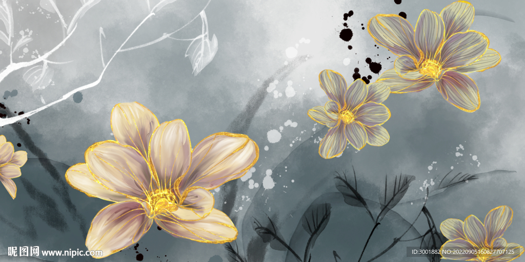 轻奢装饰画 三联画 黄色花朵