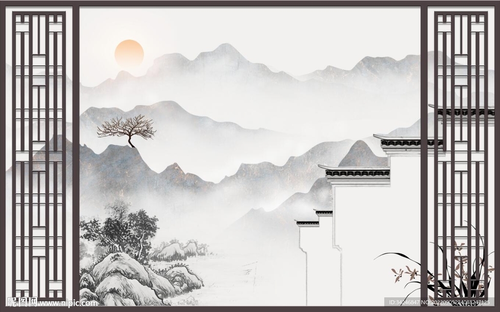 新中式徽派山水背景