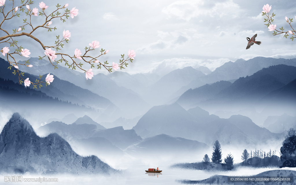 花鸟新山水客厅画 tif分层