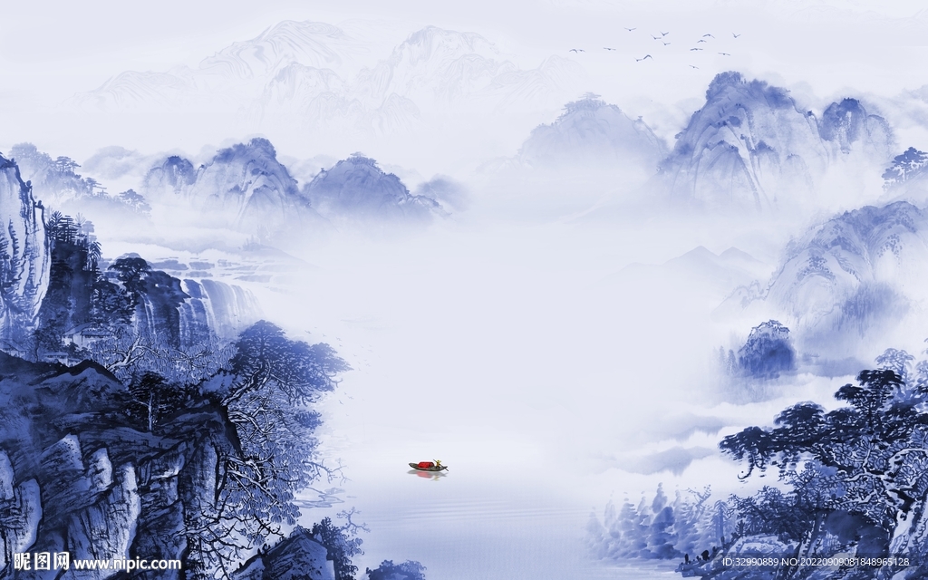 新中式简约山水背景 TIf分层