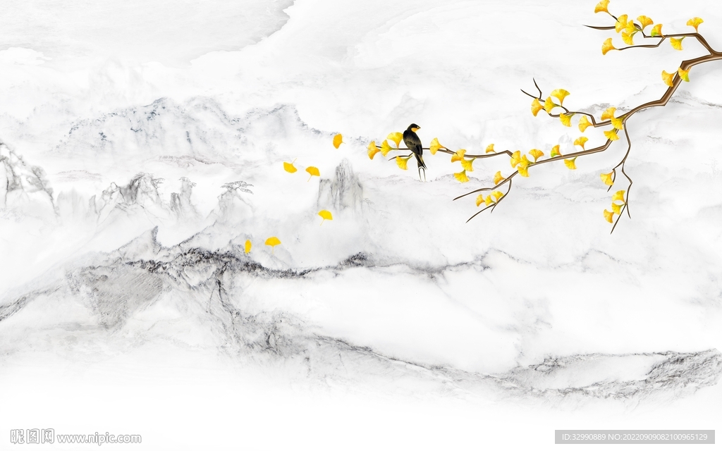 花鸟简约山水背景 TIf分层