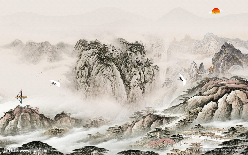 新款 意境山水墙画 tif分层