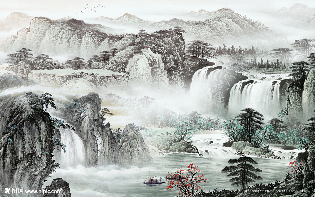 高档 意境山水墙画 tif分层