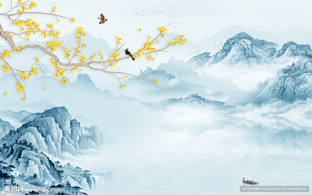 花鸟新中式山水图 TIf分层