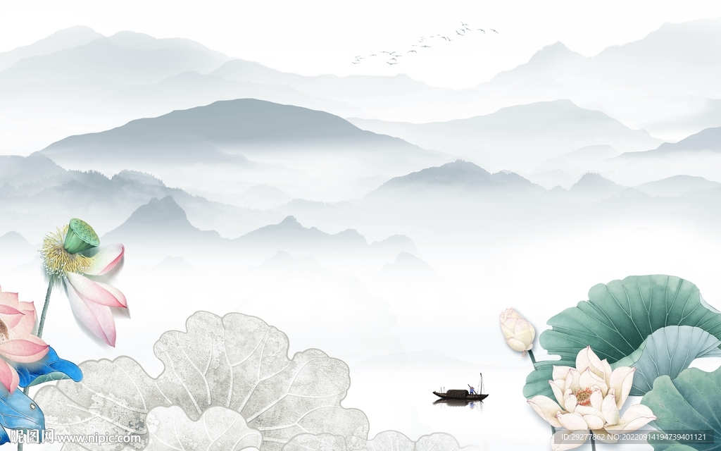 荷花现代风山水画 Tif分层